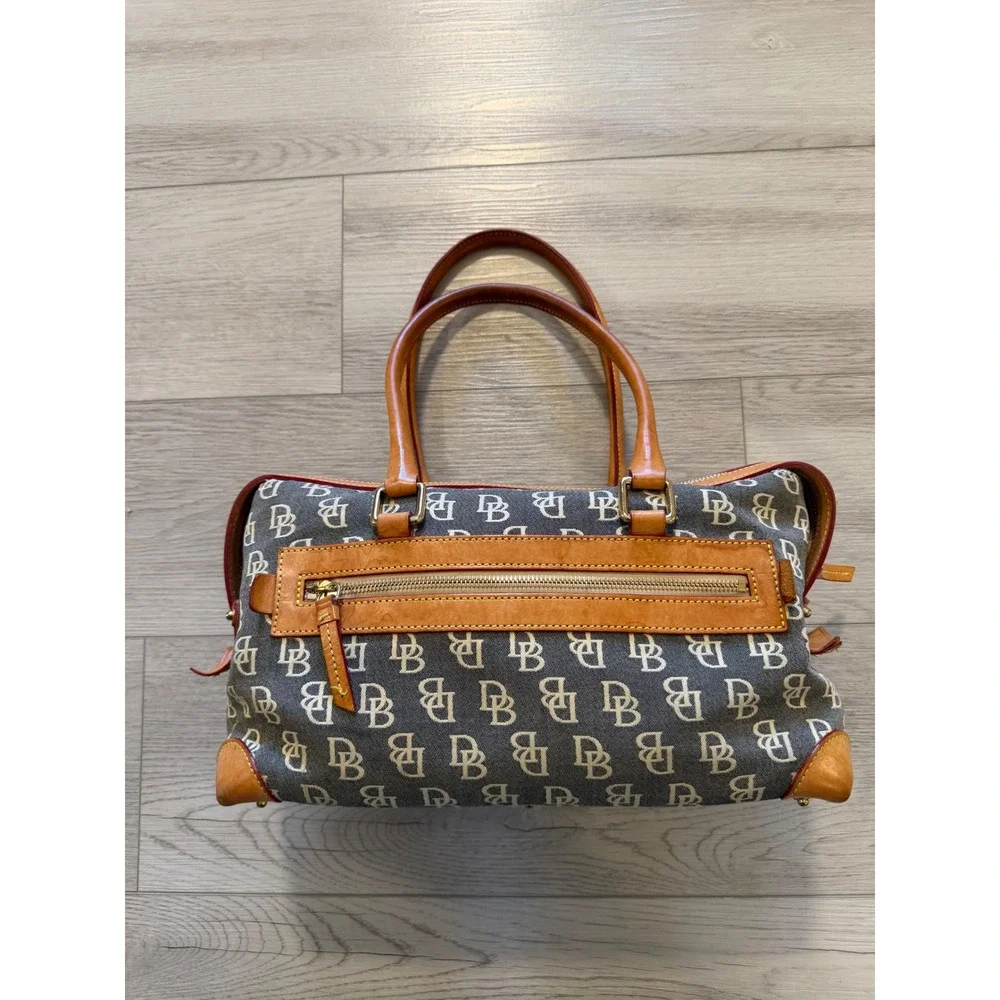 Dooney & Bourke Monogram Leather Satchel Handbag GrayTan Latch Pockets Vintage